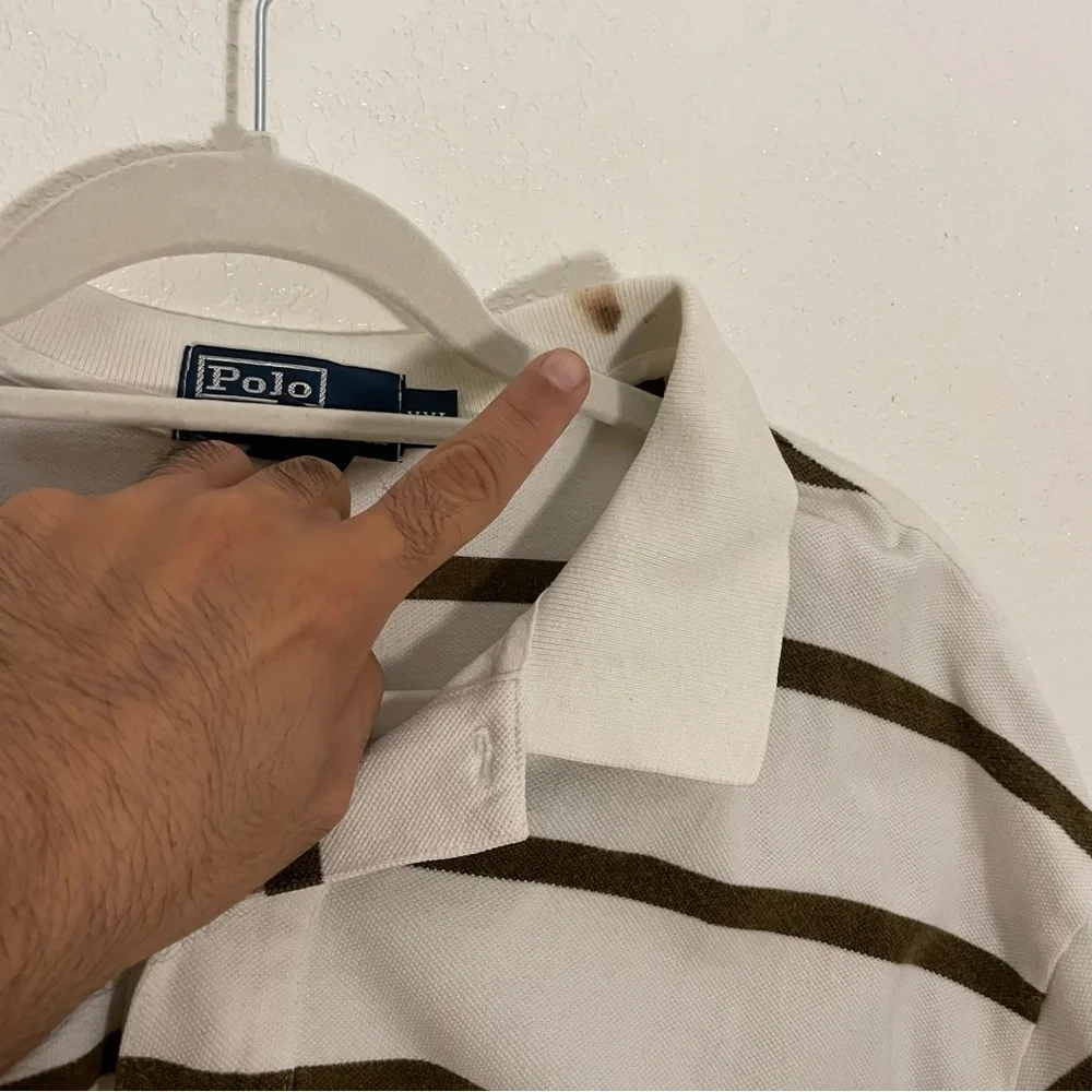 $14 OR 4 for $40 Ralph Lauren Men's White and Brown Striped Polo Shirt XXL READ